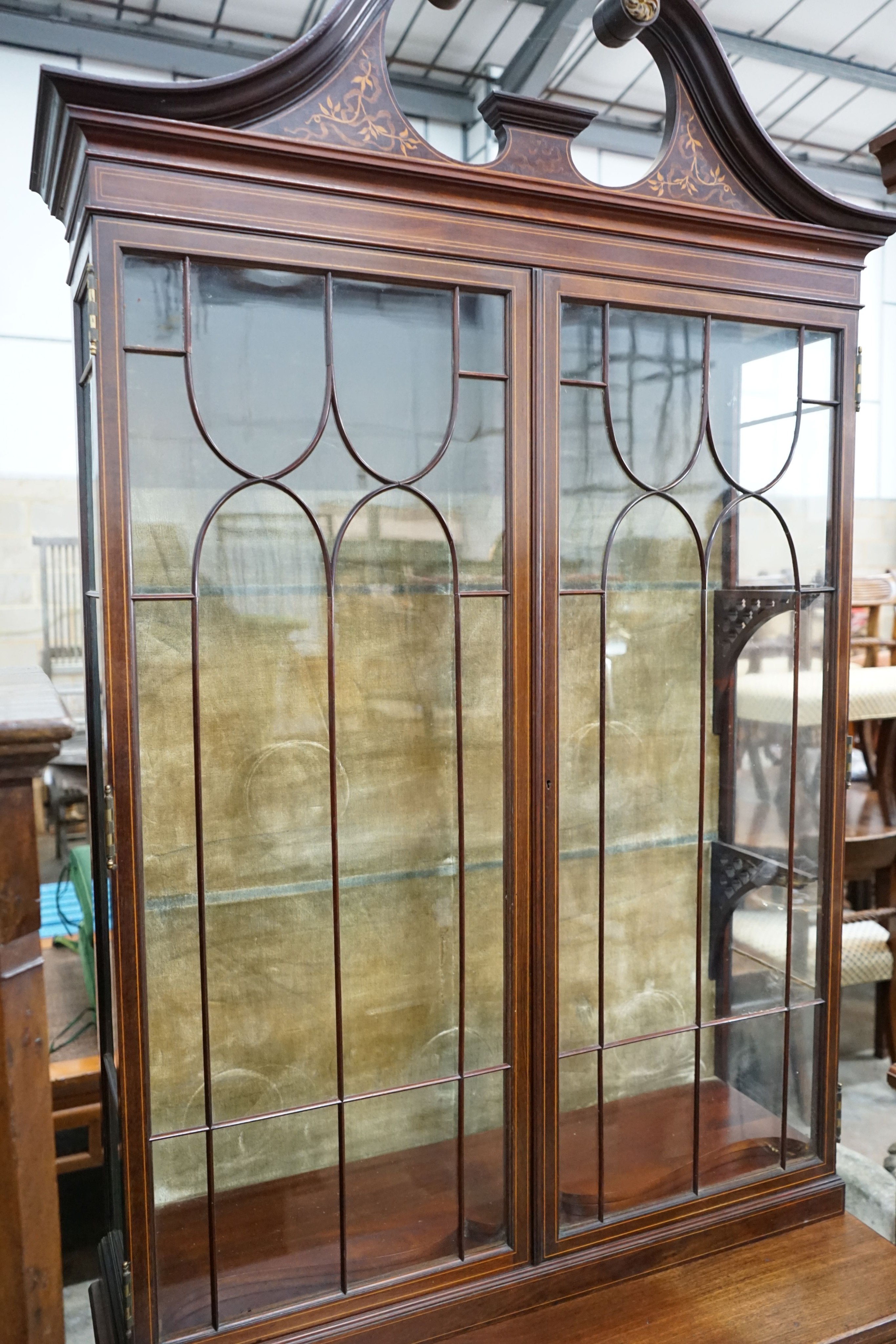 An Edwardian Sheraton revival inlaid mahogany display cabinet, width 86cm, depth 40cm, height 210cm